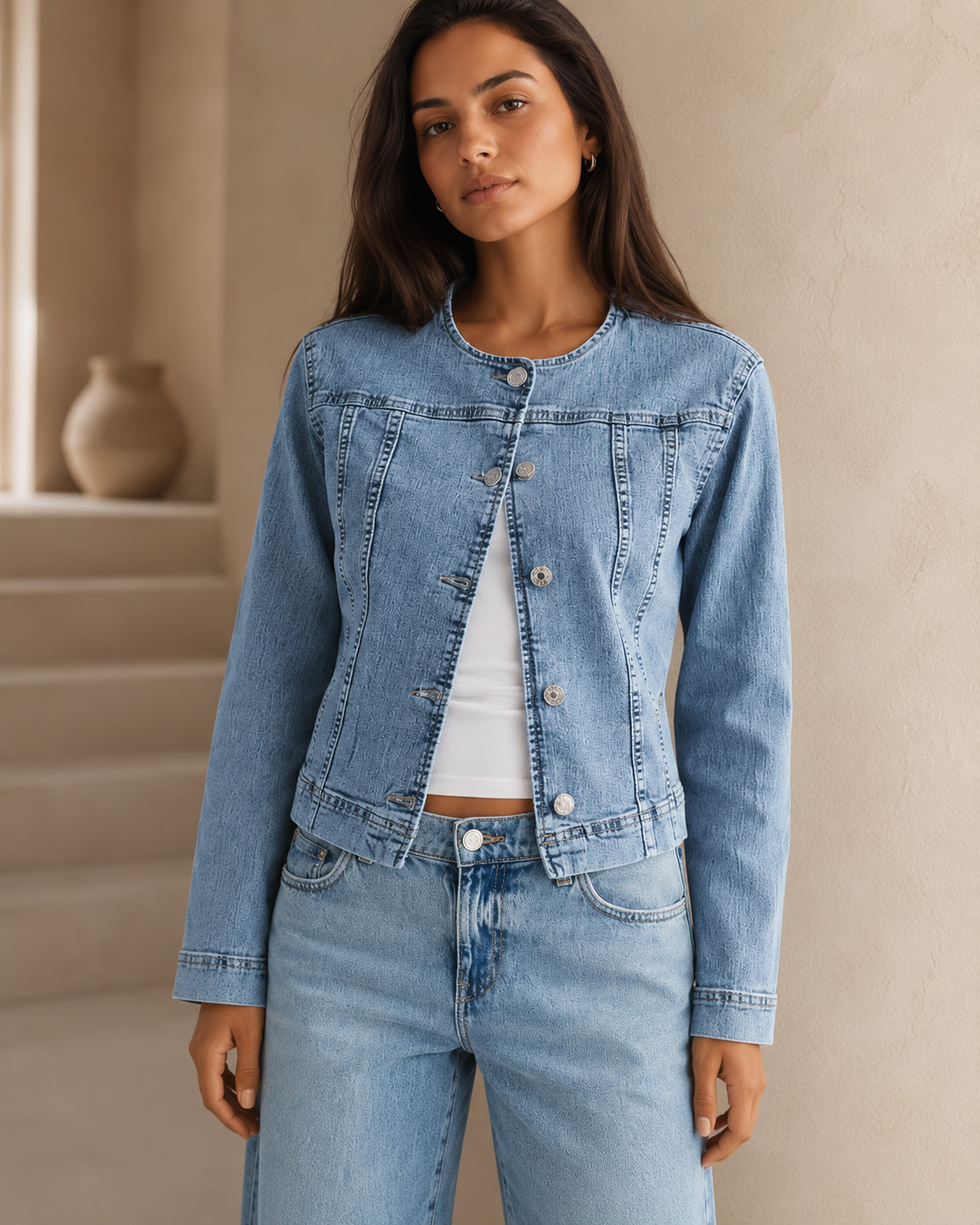 Women's Lightweight Collarless Denim Jacket – Tailored Fit with Silver Button-Front Closure