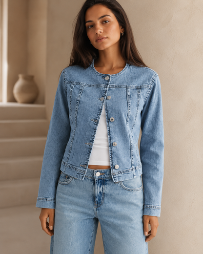Women's Lightweight Collarless Denim Jacket – Tailored Fit with Silver Button-Front Closure
