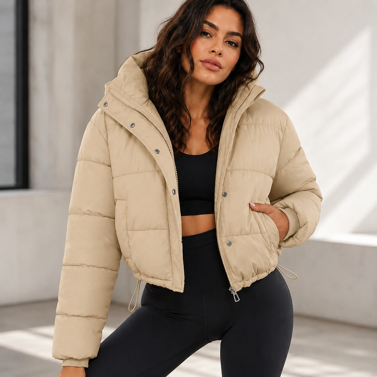 Women's Cropped Puffer Jacket – Quilted Insulation with Adjustable Hem
