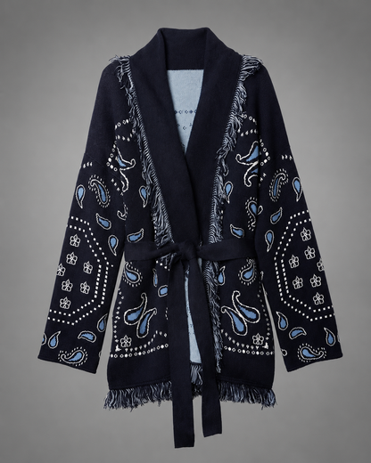 Women's Knitted Cardigan – Geometric Patterns with V-Neck and Long Sleeves