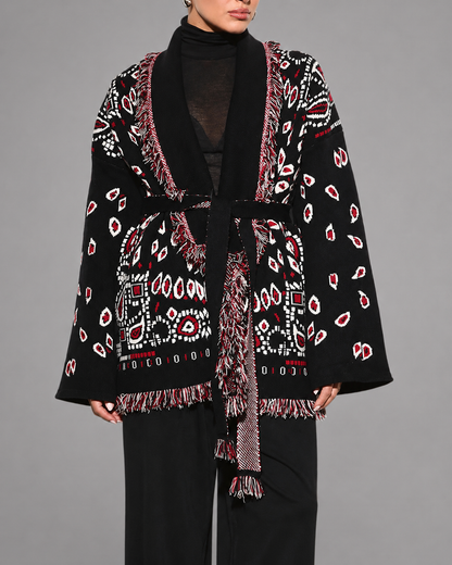 Women's Knitted Cardigan – Geometric Patterns with V-Neck and Long Sleeves