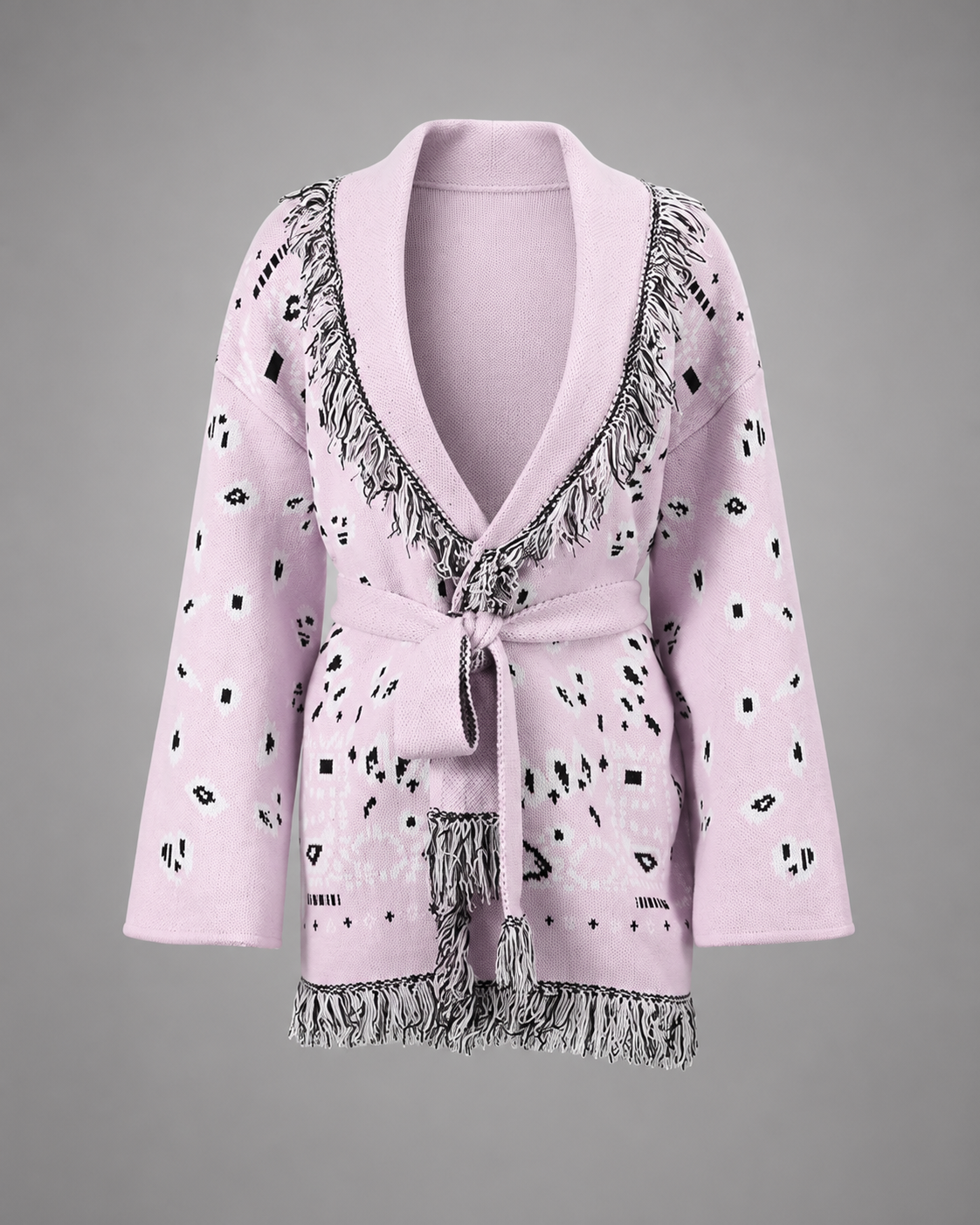 Women's Knitted Cardigan – Geometric Patterns with V-Neck and Long Sleeves