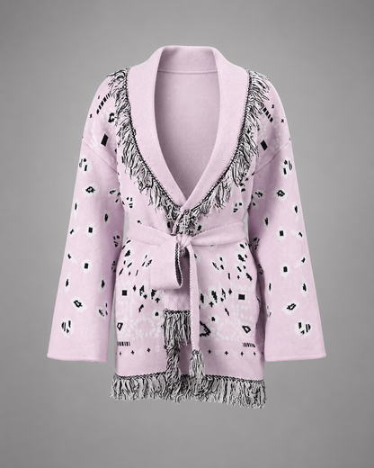 Women's Knitted Cardigan – Geometric Patterns with V-Neck and Long Sleeves