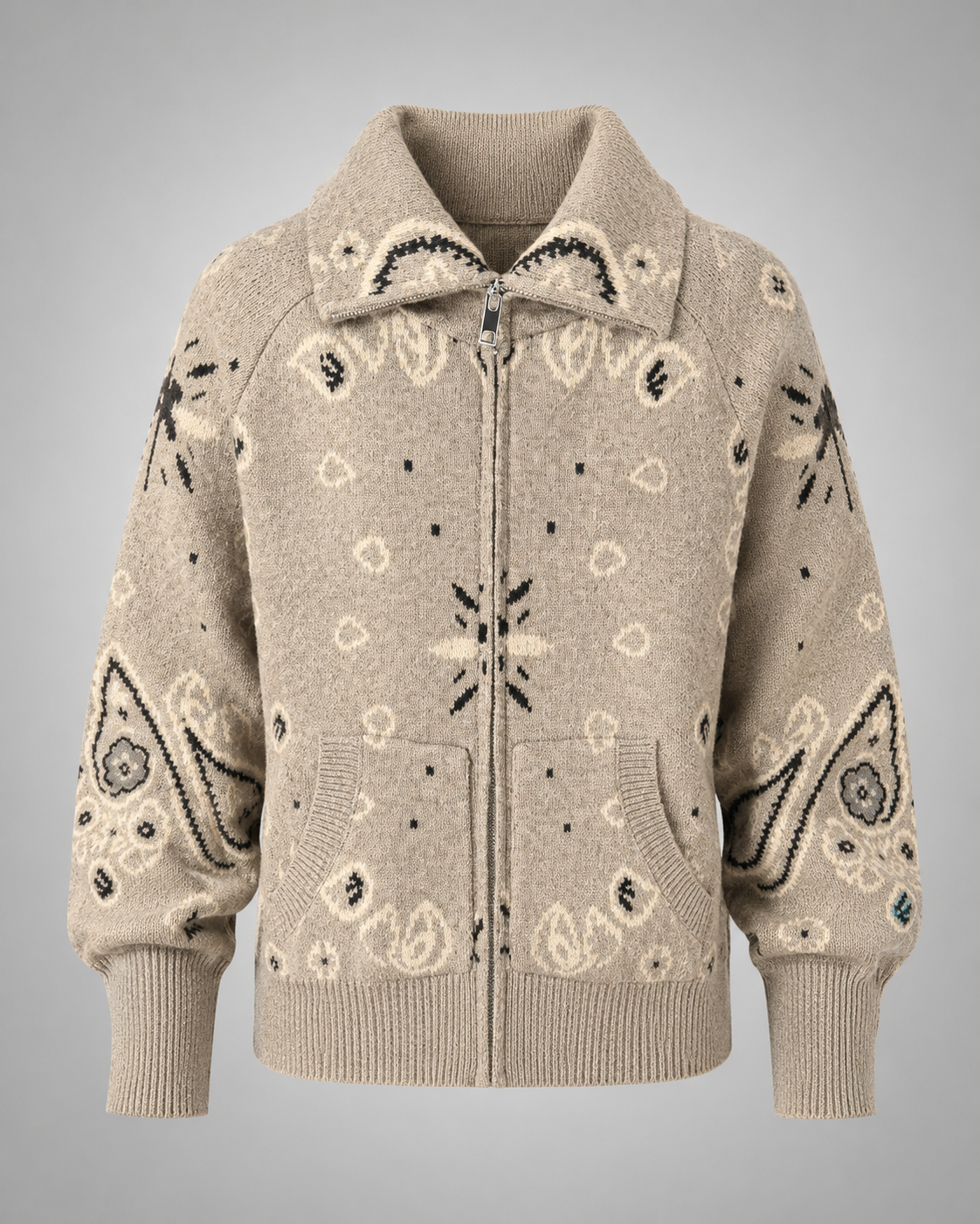 Women's Knitted Cardigan – Geometric Patterns with V-Neck and Long Sleeves