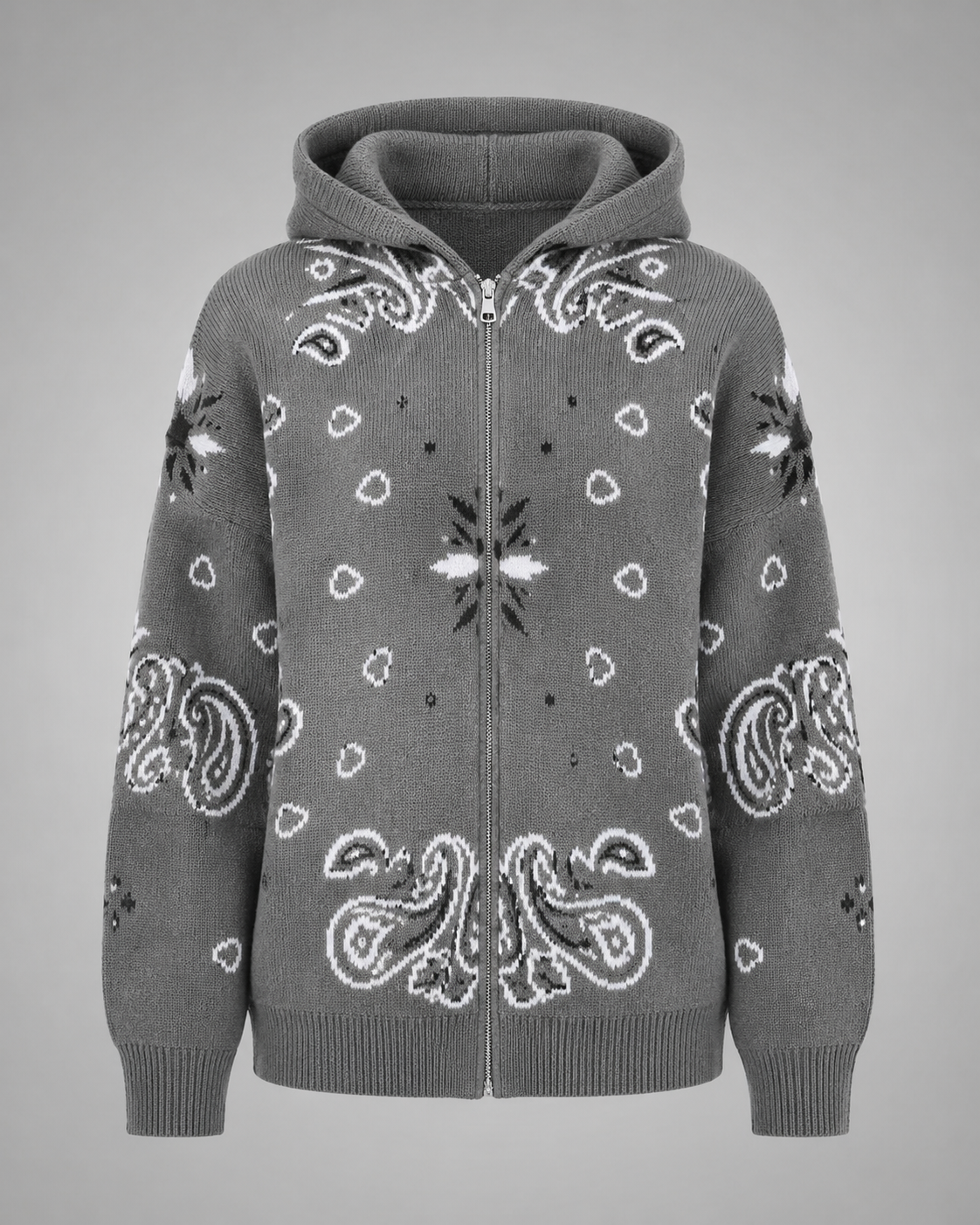 Women's Knitted Cardigan – Geometric Patterns with V-Neck and Long Sleeves