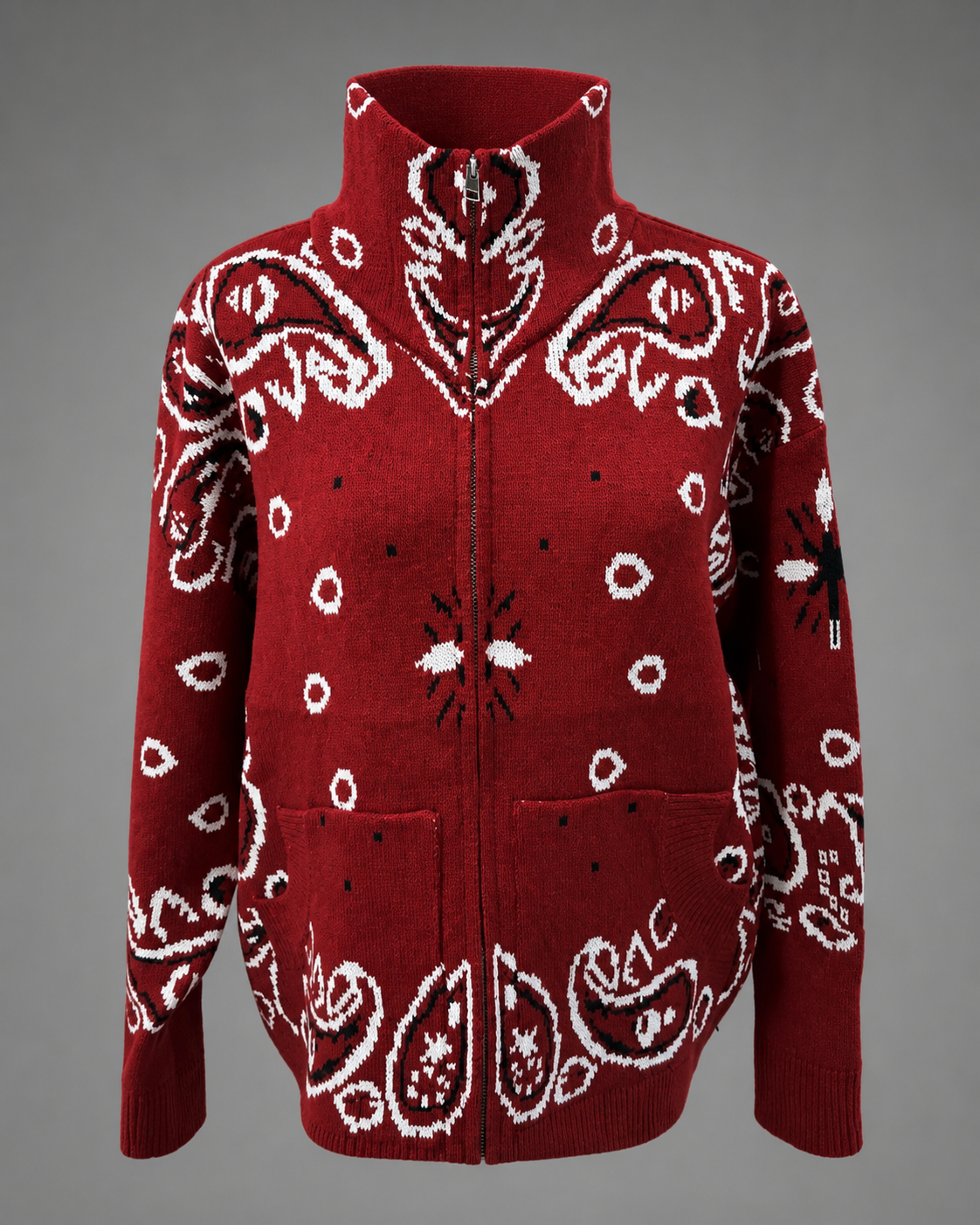 Women's Knitted Cardigan – Geometric Patterns with V-Neck and Long Sleeves