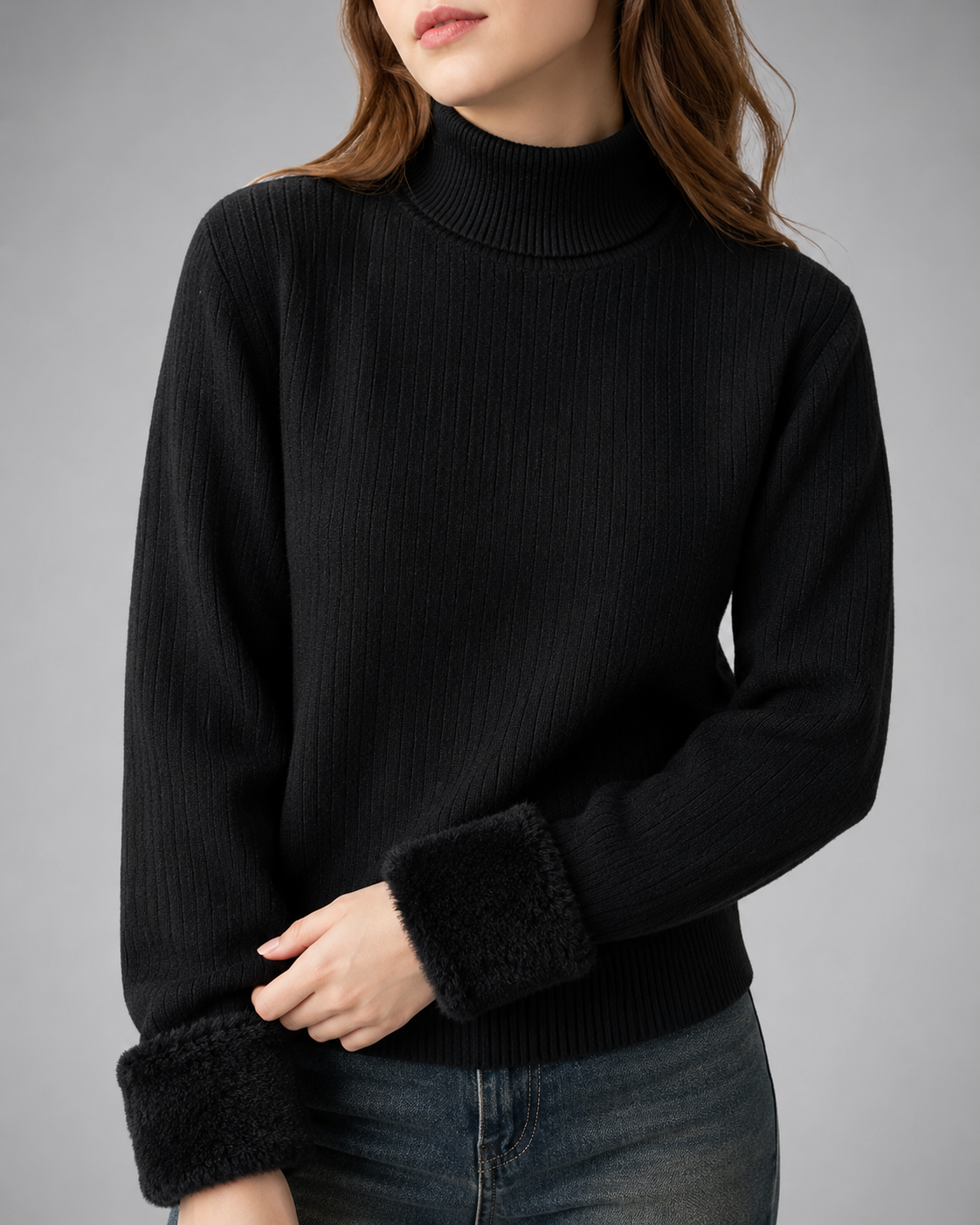 Women's Thickened Black Turtleneck Sweater – Retro Velvet Lining
