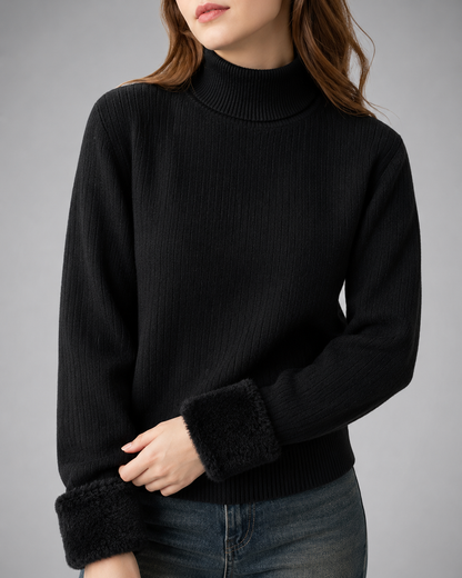 Women's Thickened Black Turtleneck Sweater – Retro Velvet Lining