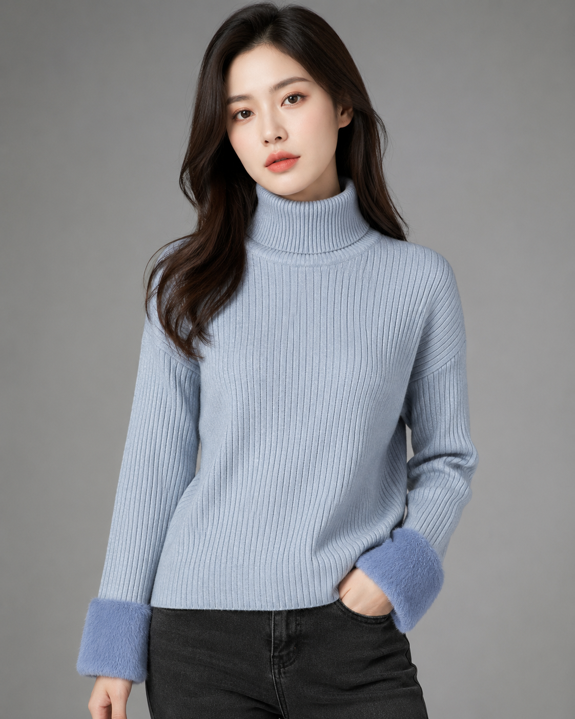 Women's Thickened Black Turtleneck Sweater – Retro Velvet Lining