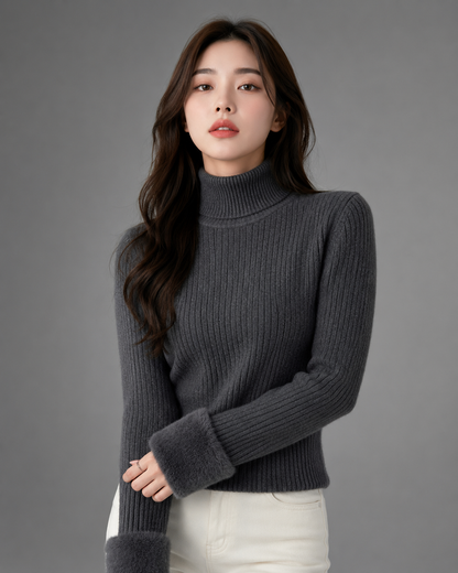 Women's Thickened Black Turtleneck Sweater – Retro Velvet Lining