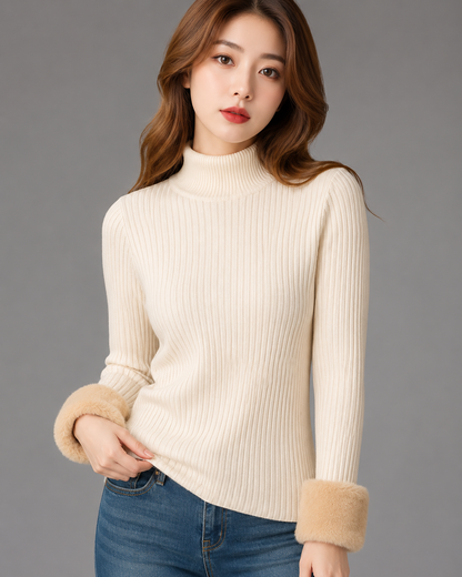Women's Thickened Black Turtleneck Sweater – Retro Velvet Lining