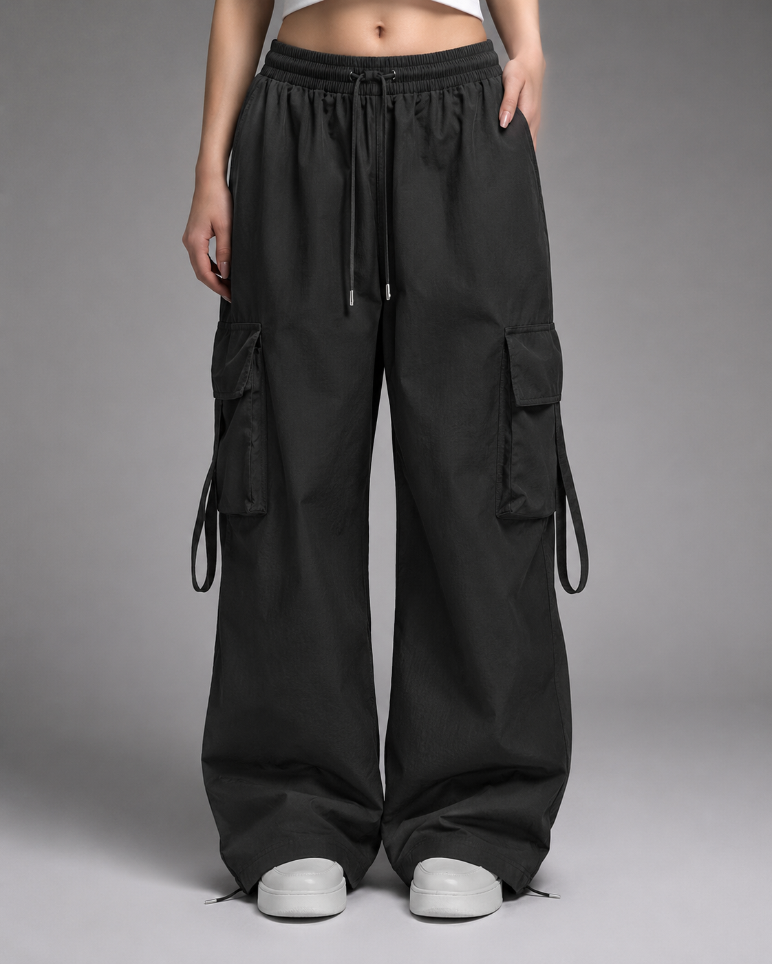 Women's High Waist Black Vintage Jogger Pants – Oversized Fit with Pockets
