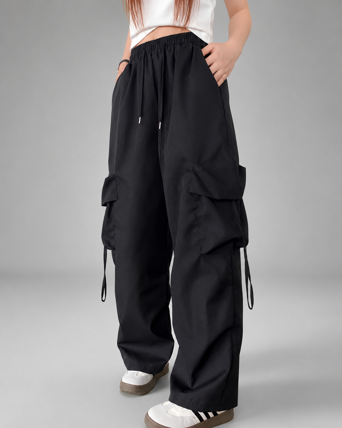 Women's High Waist Black Vintage Jogger Pants – Oversized Fit with Pockets