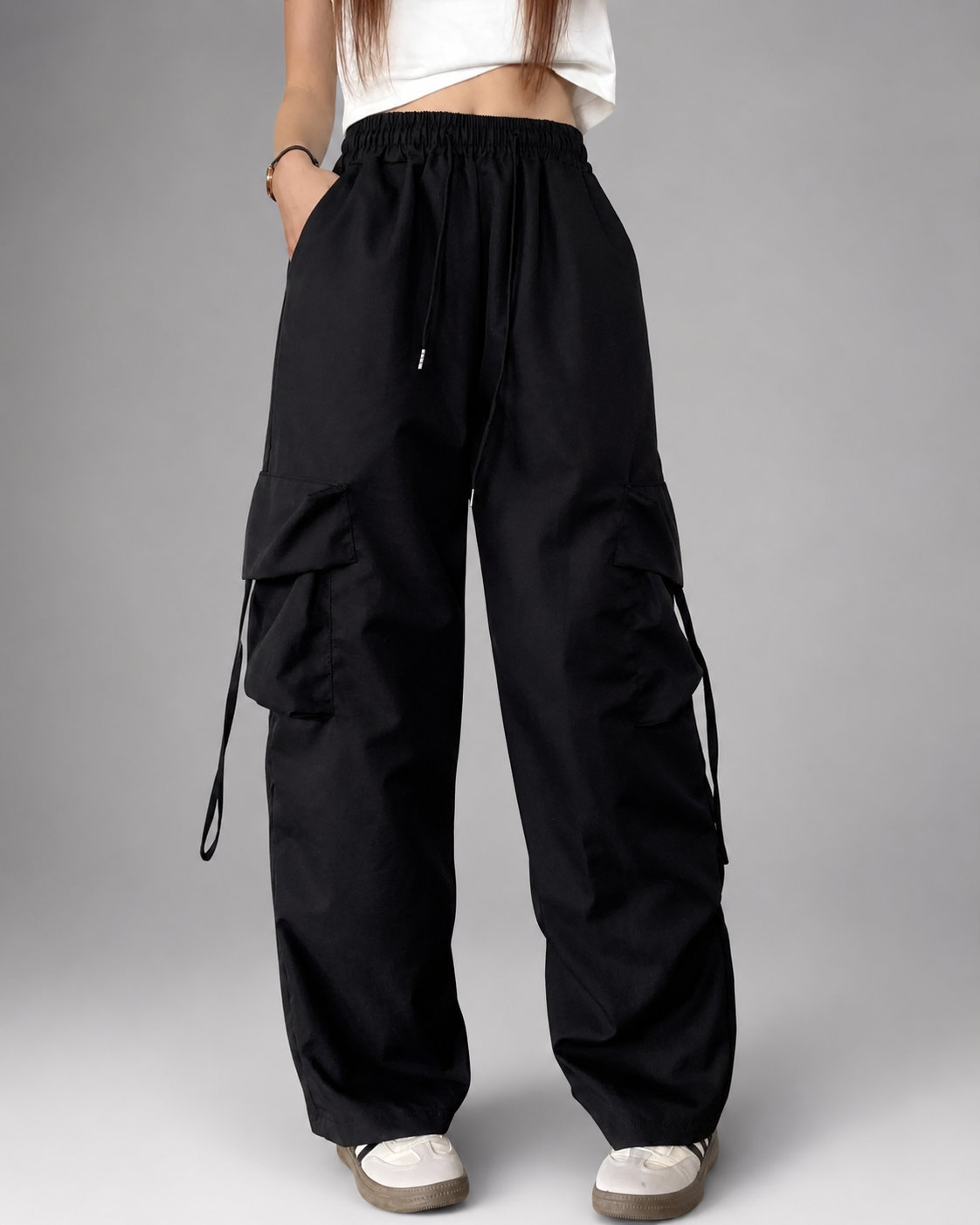 Women's High Waist Black Vintage Jogger Pants – Oversized Fit with Pockets