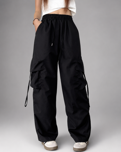 Women's High Waist Black Vintage Jogger Pants – Oversized Fit with Pockets
