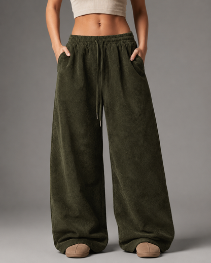 Women's Retro Corduroy Cargo Pants – Wide Leg with Drawstring