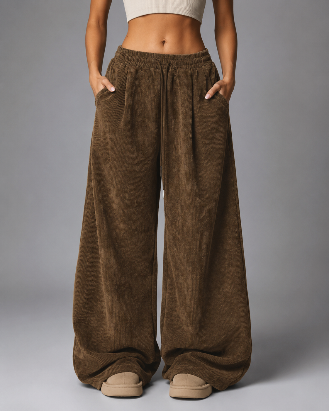 Women's Retro Corduroy Cargo Pants – Wide Leg with Drawstring