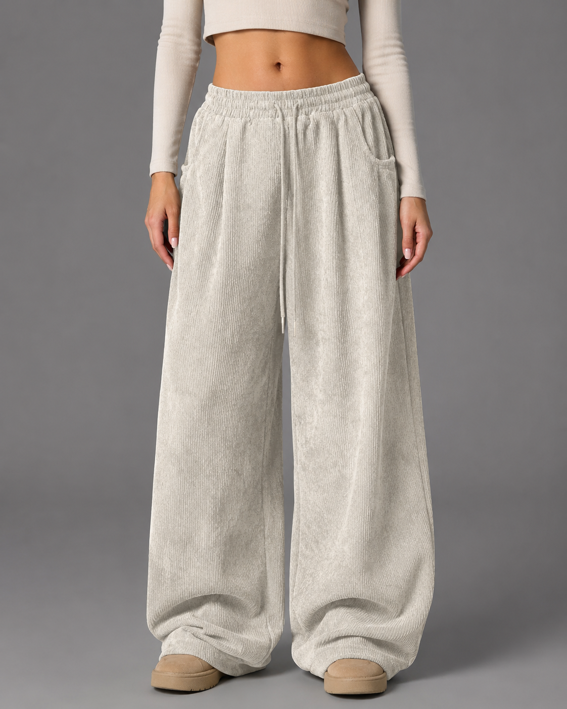 Women's Retro Corduroy Cargo Pants – Wide Leg with Drawstring