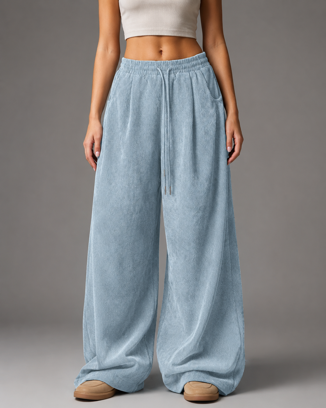 Women's Retro Corduroy Cargo Pants – Wide Leg with Drawstring