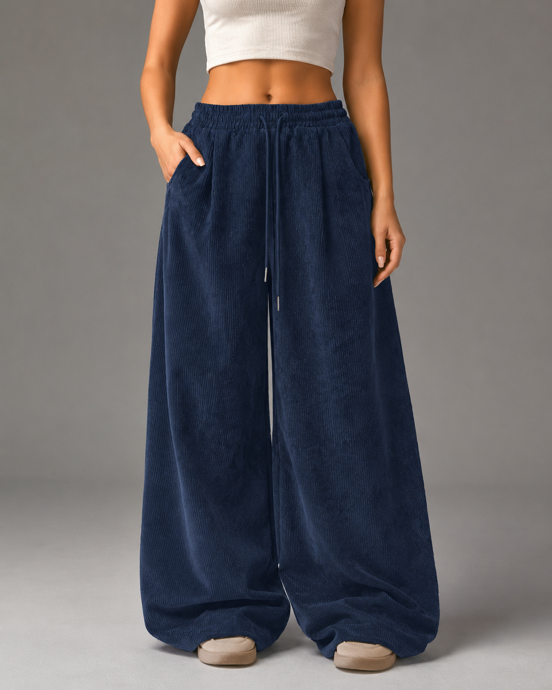 Women's Retro Corduroy Cargo Pants – Wide Leg with Drawstring