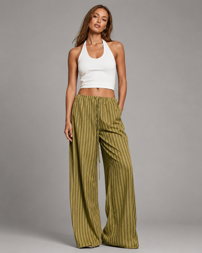 Women's Striped Wide Leg Pants – Drawstring Elastic Waist