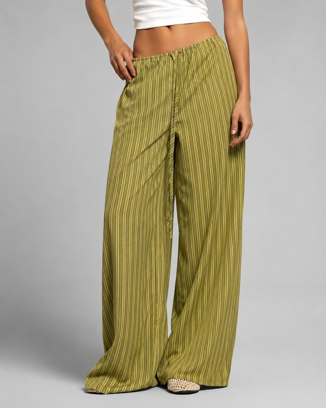 Women's Striped Wide Leg Pants – Drawstring Elastic Waist