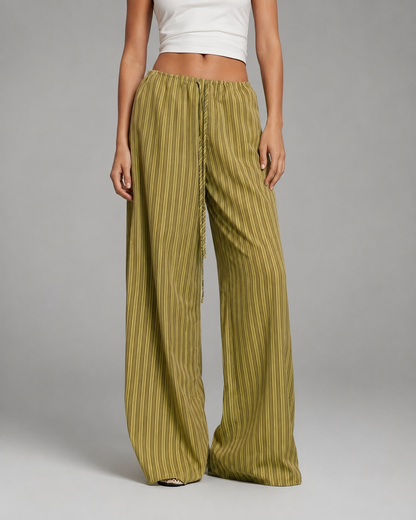 Women's Striped Wide Leg Pants – Drawstring Elastic Waist