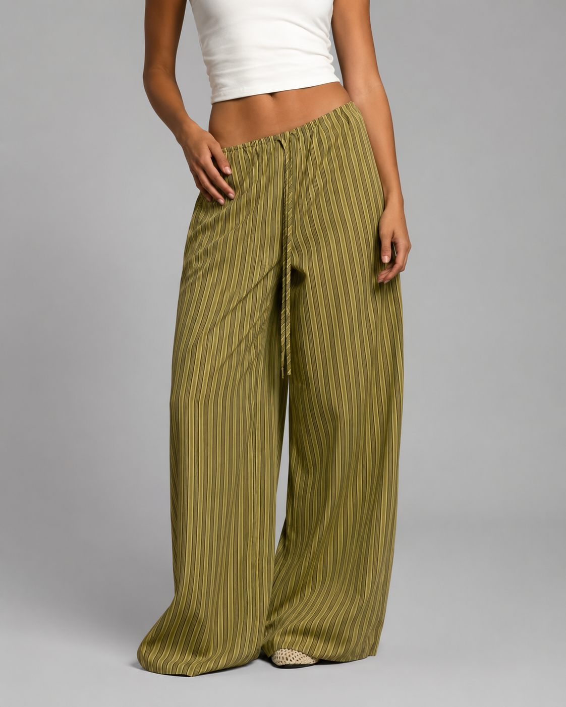 Women's Striped Wide Leg Pants – Drawstring Elastic Waist