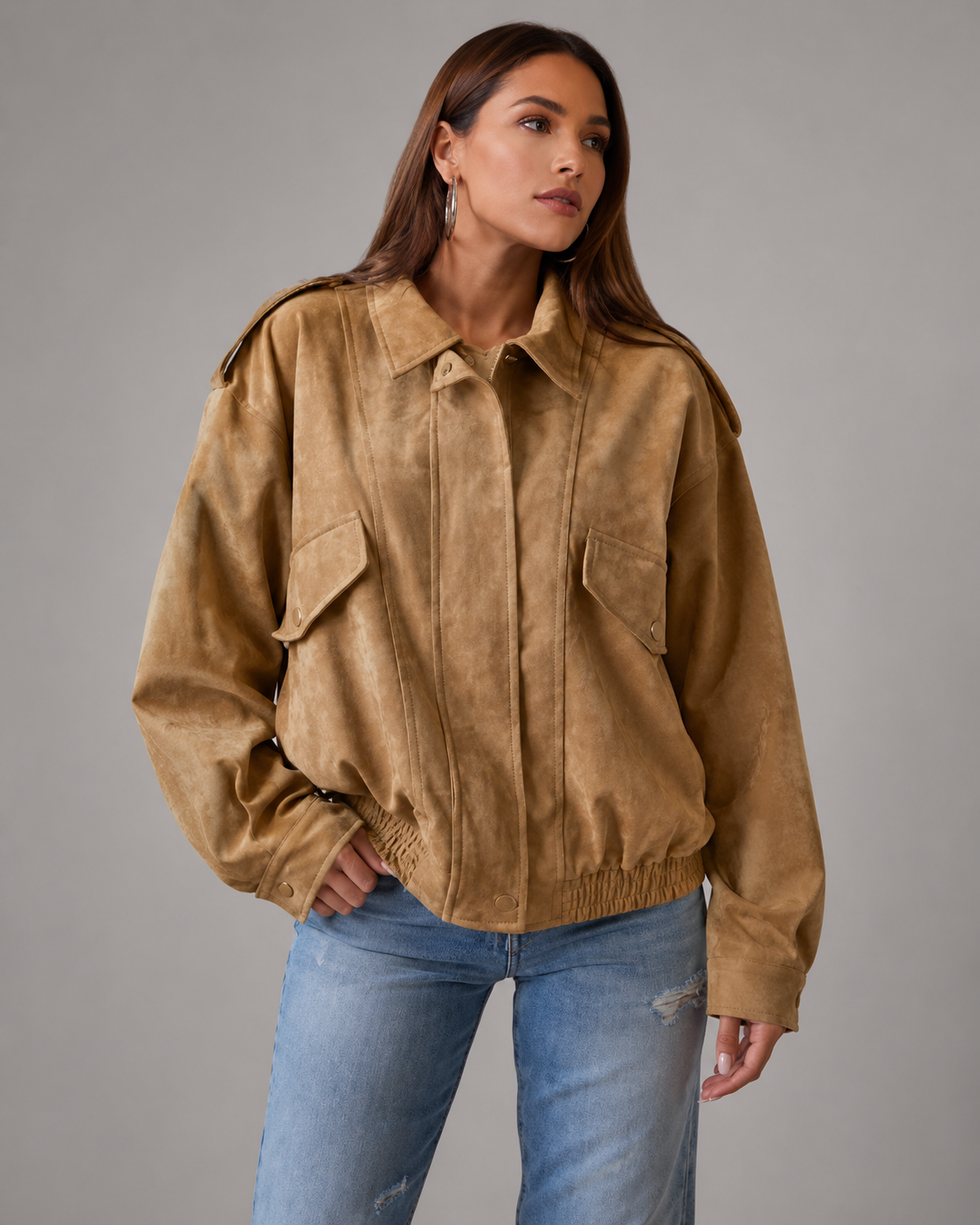 Women's Cotton Blend Jacket – Stand-Up Collar with Button Closure