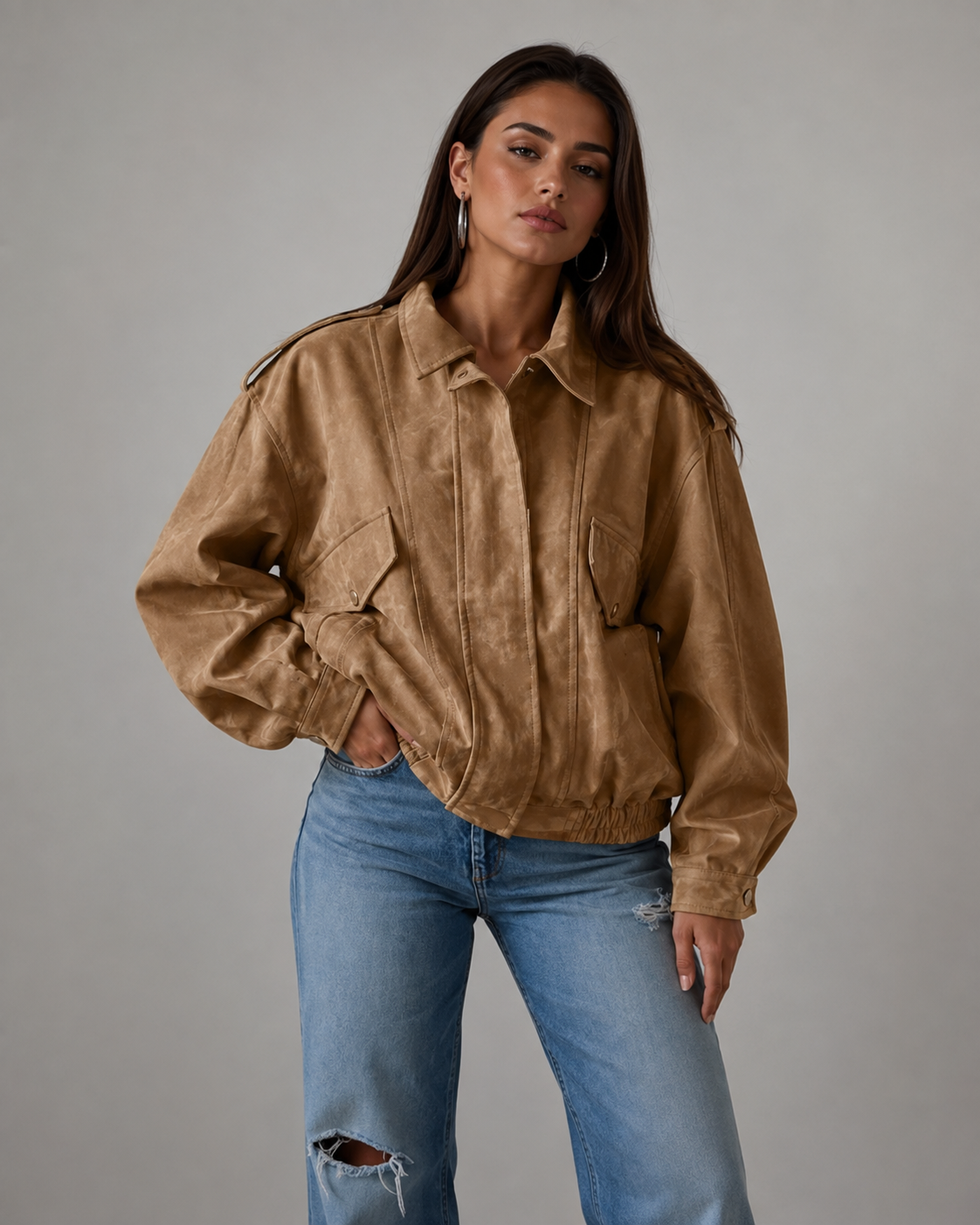 Women's Cotton Blend Jacket – Stand-Up Collar with Button Closure