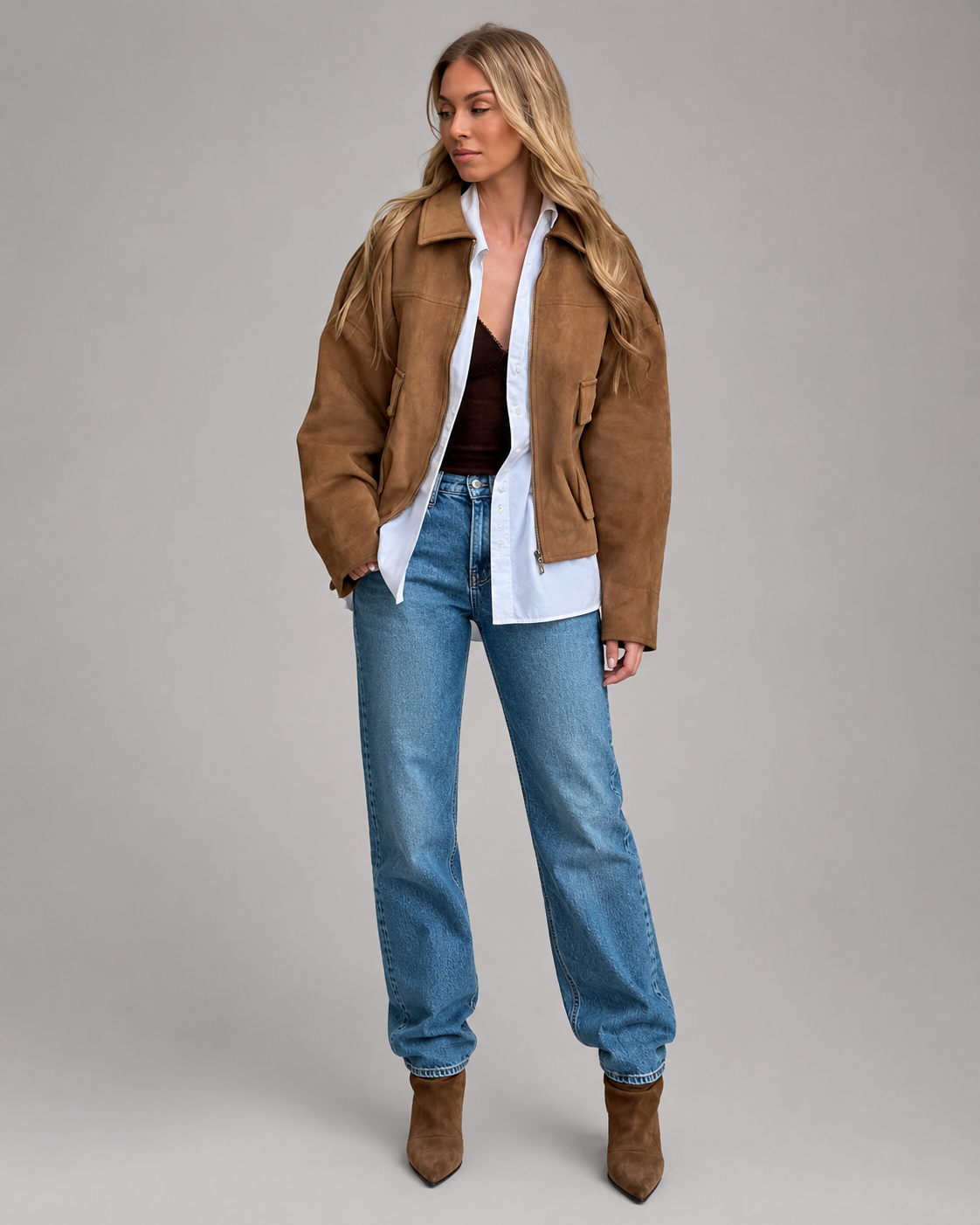Women's Cotton Blend Jacket – Stand-Up Collar with Button Closure