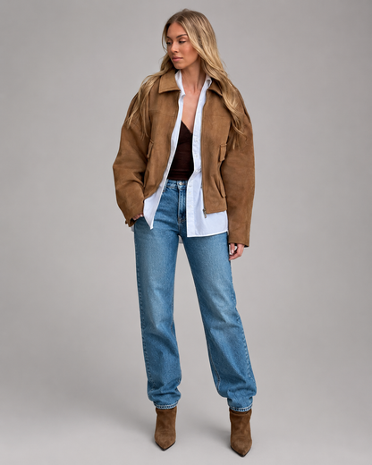 Women's Cotton Blend Jacket – Stand-Up Collar with Button Closure