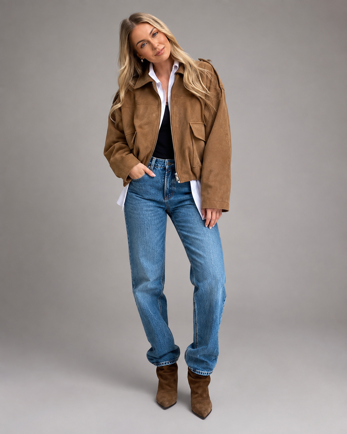 Women's Cotton Blend Jacket – Stand-Up Collar with Button Closure
