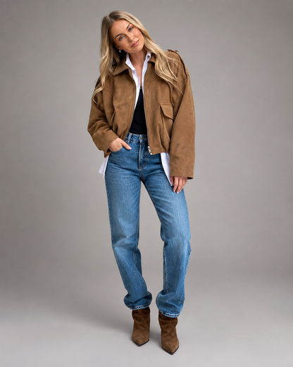 Women's Cotton Blend Jacket – Stand-Up Collar with Button Closure