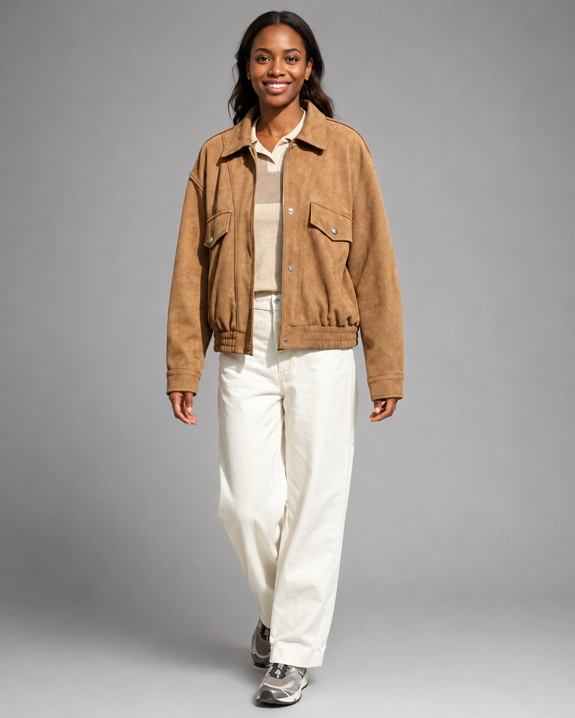 Women's Cotton Blend Jacket – Stand-Up Collar with Button Closure