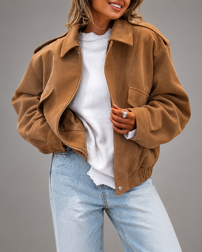 Women's Cotton Blend Jacket – Stand-Up Collar with Button Closure