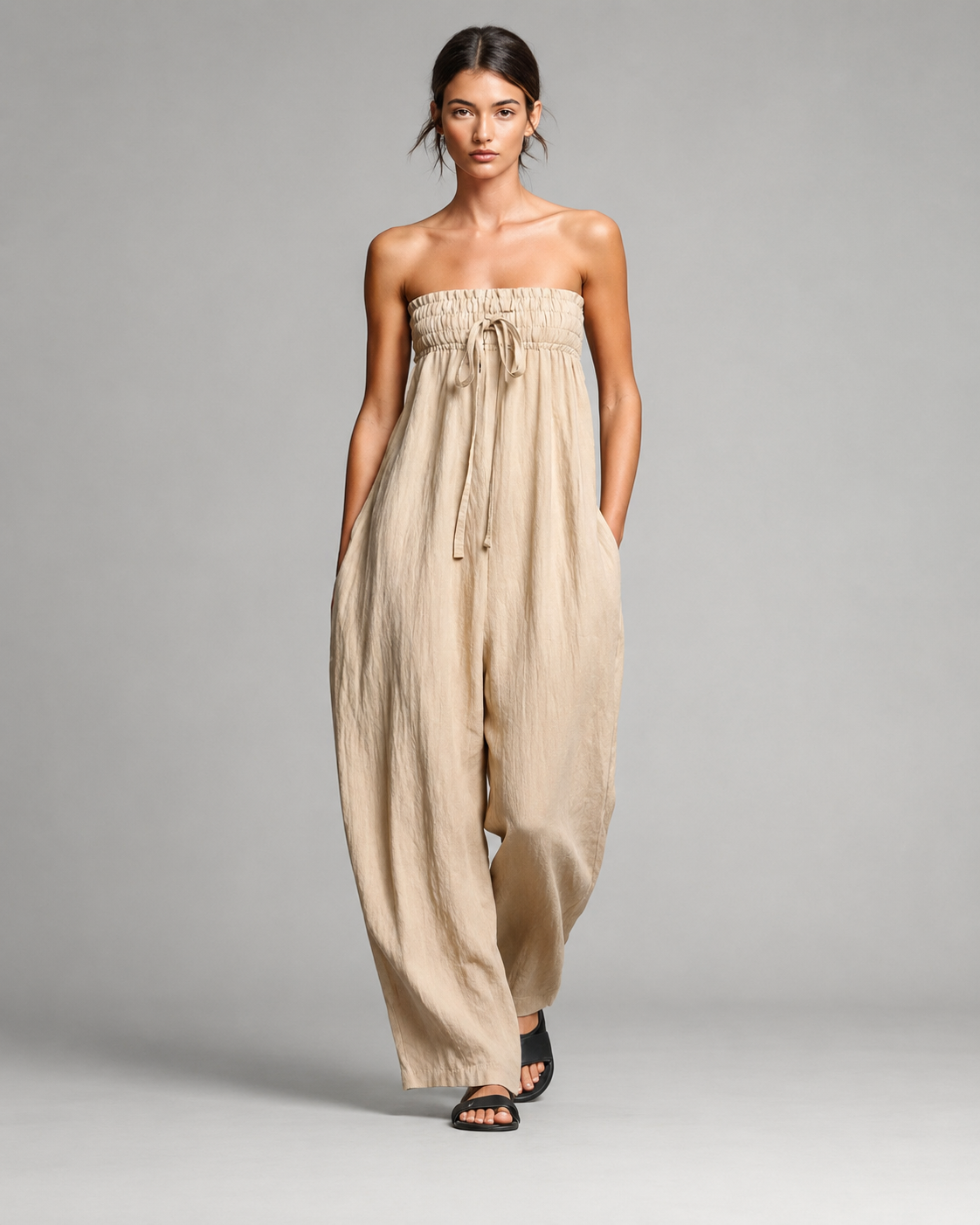Women's Linen Strapless Jumpsuit – Tie Front with Wide Leg Pants – Relaxed Fit