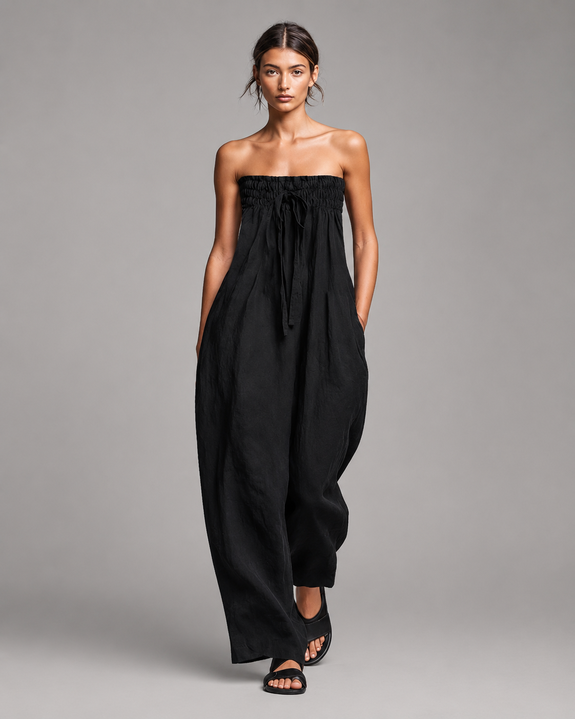 Women's Linen Strapless Jumpsuit – Tie Front with Wide Leg Pants – Relaxed Fit