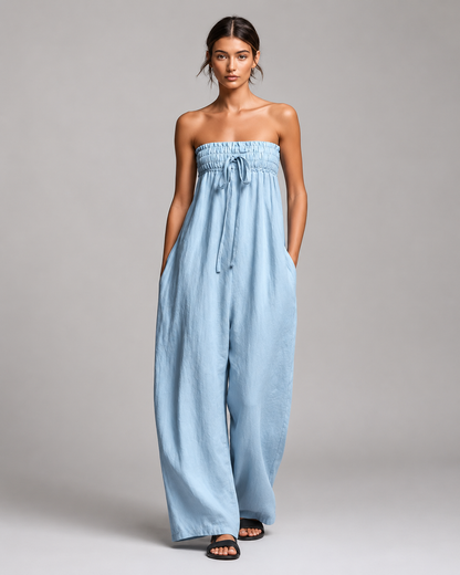 Women's Linen Strapless Jumpsuit – Tie Front with Wide Leg Pants – Relaxed Fit