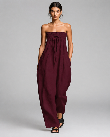 Women's Linen Strapless Jumpsuit – Tie Front with Wide Leg Pants – Relaxed Fit