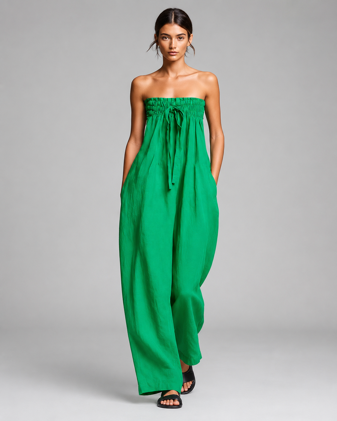 Women's Linen Strapless Jumpsuit – Tie Front with Wide Leg Pants – Relaxed Fit