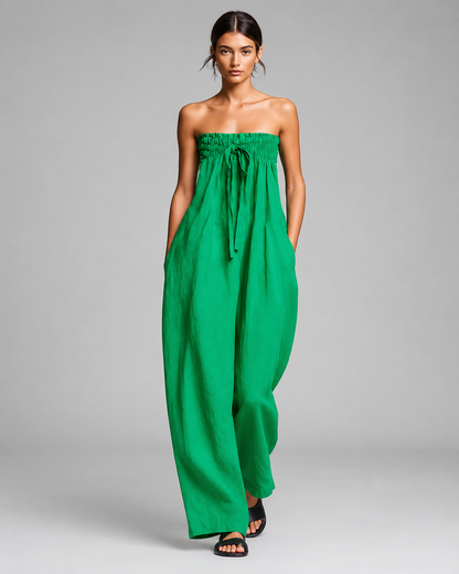 Women's Linen Strapless Jumpsuit – Tie Front with Wide Leg Pants – Relaxed Fit