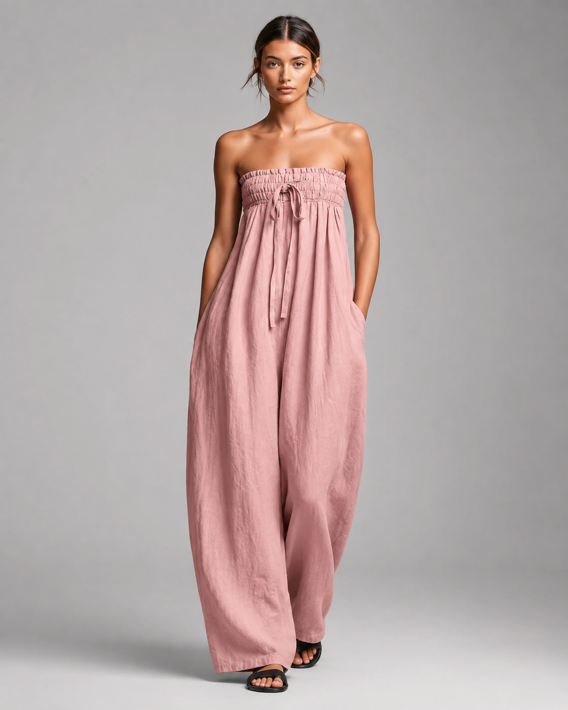 Women's Linen Strapless Jumpsuit – Tie Front with Wide Leg Pants – Relaxed Fit