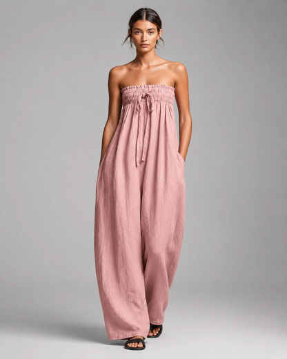 Women's Linen Strapless Jumpsuit – Tie Front with Wide Leg Pants – Relaxed Fit