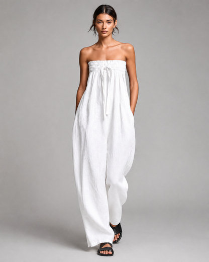Women's Linen Strapless Jumpsuit – Tie Front with Wide Leg Pants – Relaxed Fit