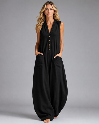 Women's Cotton Linen Wide Leg Jumpsuit – Sleeveless V Neck with Button Detail