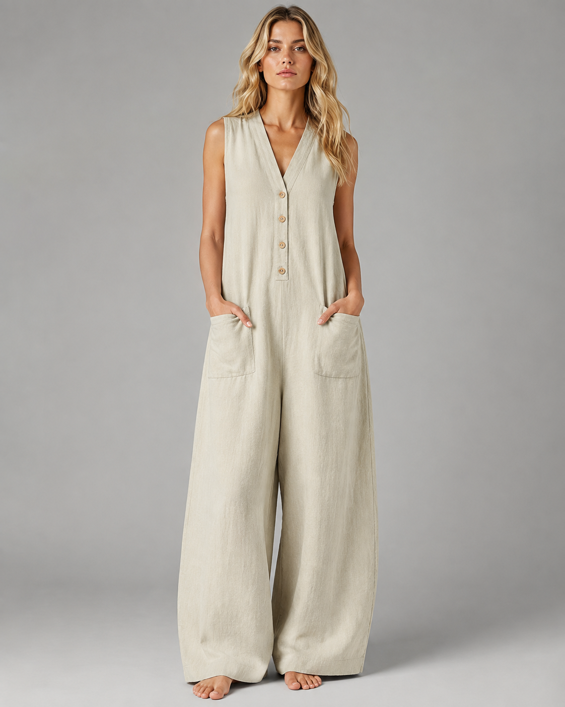 Women's Cotton Linen Wide Leg Jumpsuit – Sleeveless V Neck with Button Detail