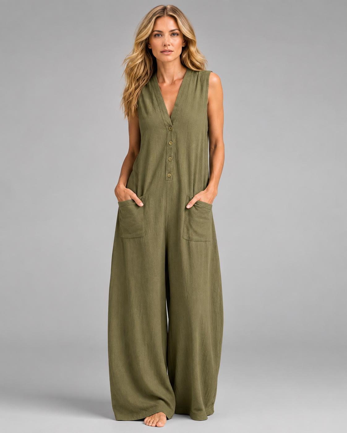 Women's Cotton Linen Wide Leg Jumpsuit – Sleeveless V Neck with Button Detail
