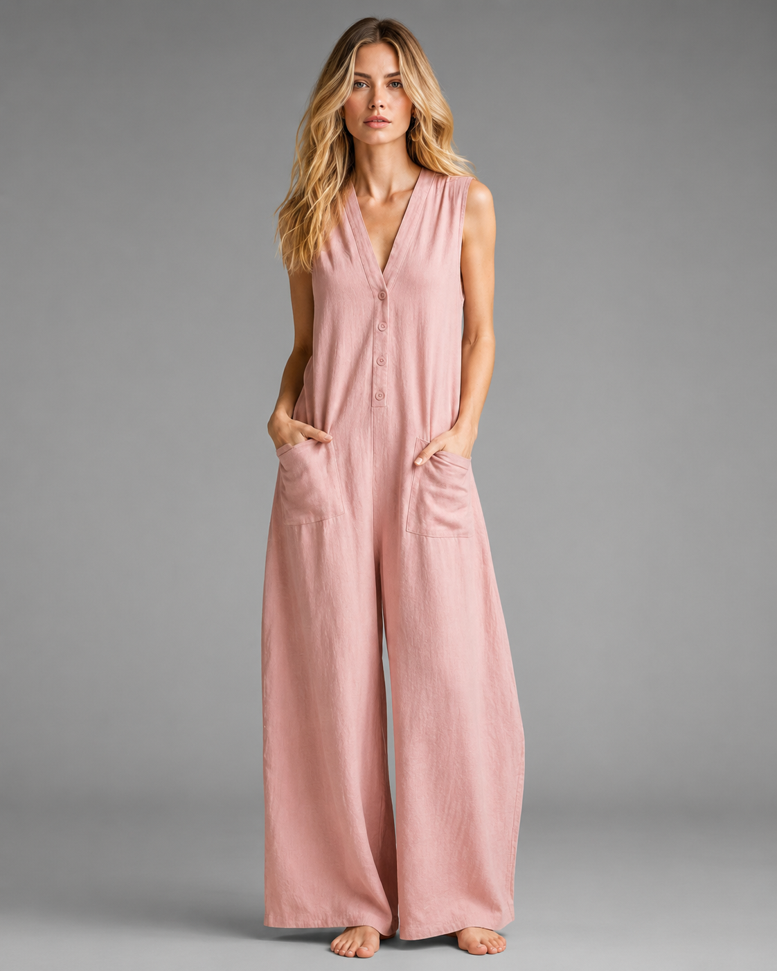 Women's Cotton Linen Wide Leg Jumpsuit – Sleeveless V Neck with Button Detail