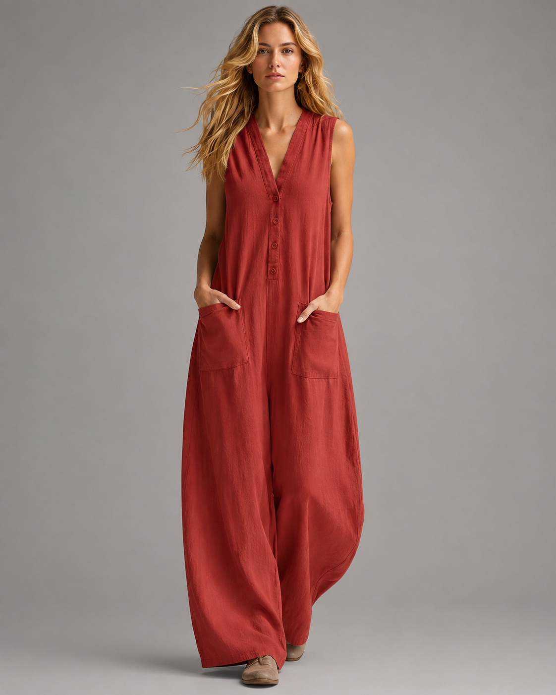 Women's Cotton Linen Wide Leg Jumpsuit – Sleeveless V Neck with Button Detail
